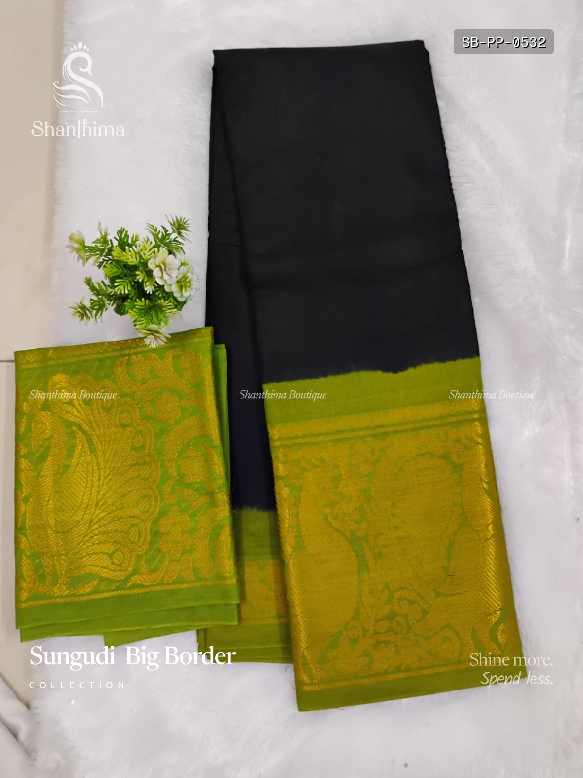 Sungudi Cotton Big Border Plain Peacock Black Parrot Green