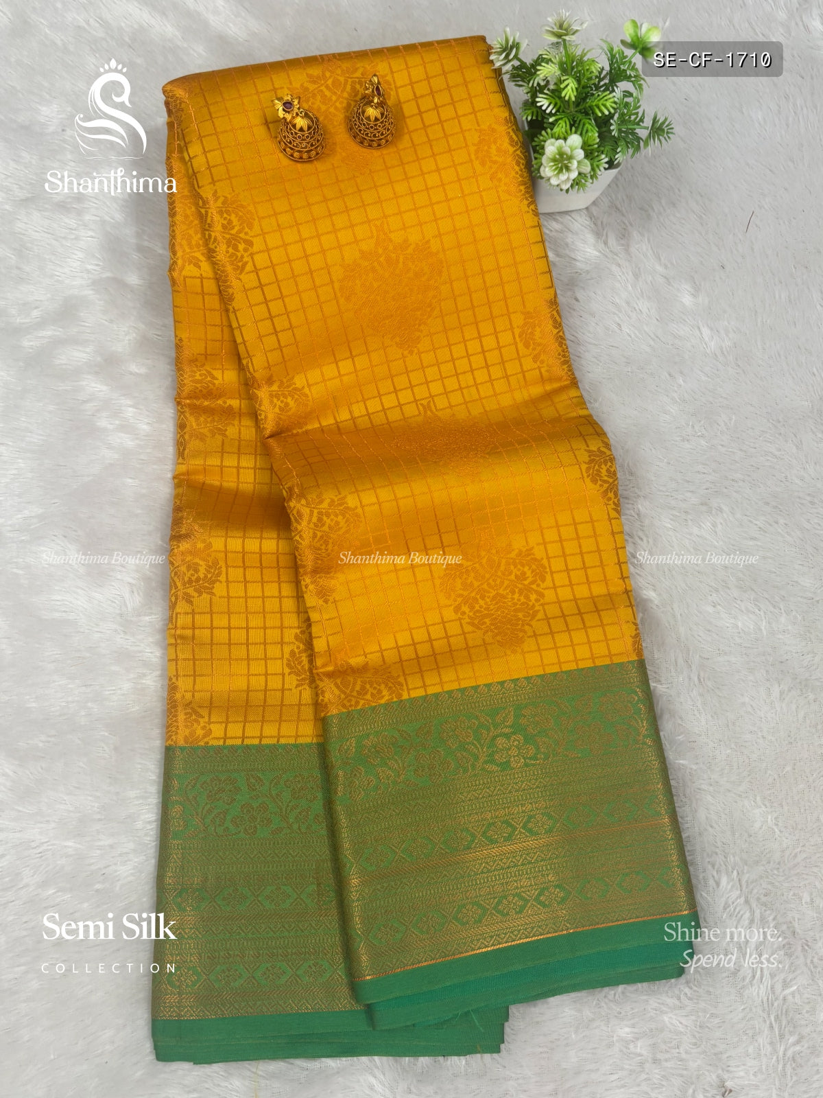 Semi Silk Checks Flower Mango Green