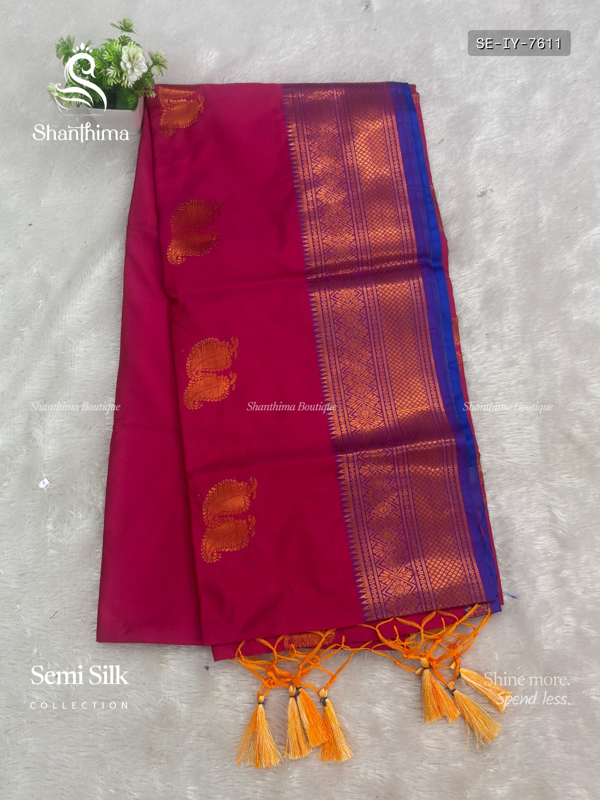 Semi Silk Leaf Mango Flower Motif Dark Pink Blue