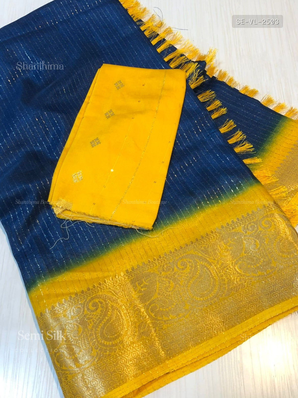 Semi Silk Vertical Stripes Mango Flower Navy Blue Yellow