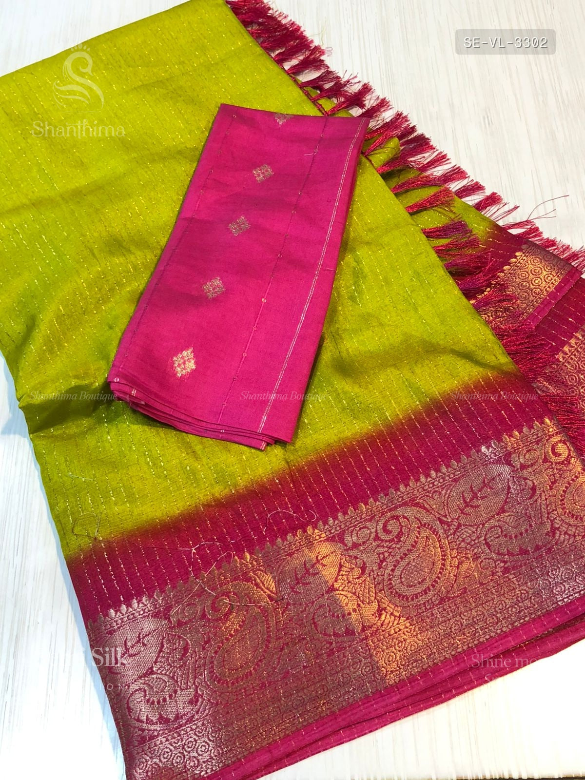 Semi Silk Vertical Stripes Mango Flower Elachi Green Pink