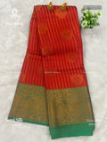 Semi Silk Vertical Stripes Mango Red Dark Green
