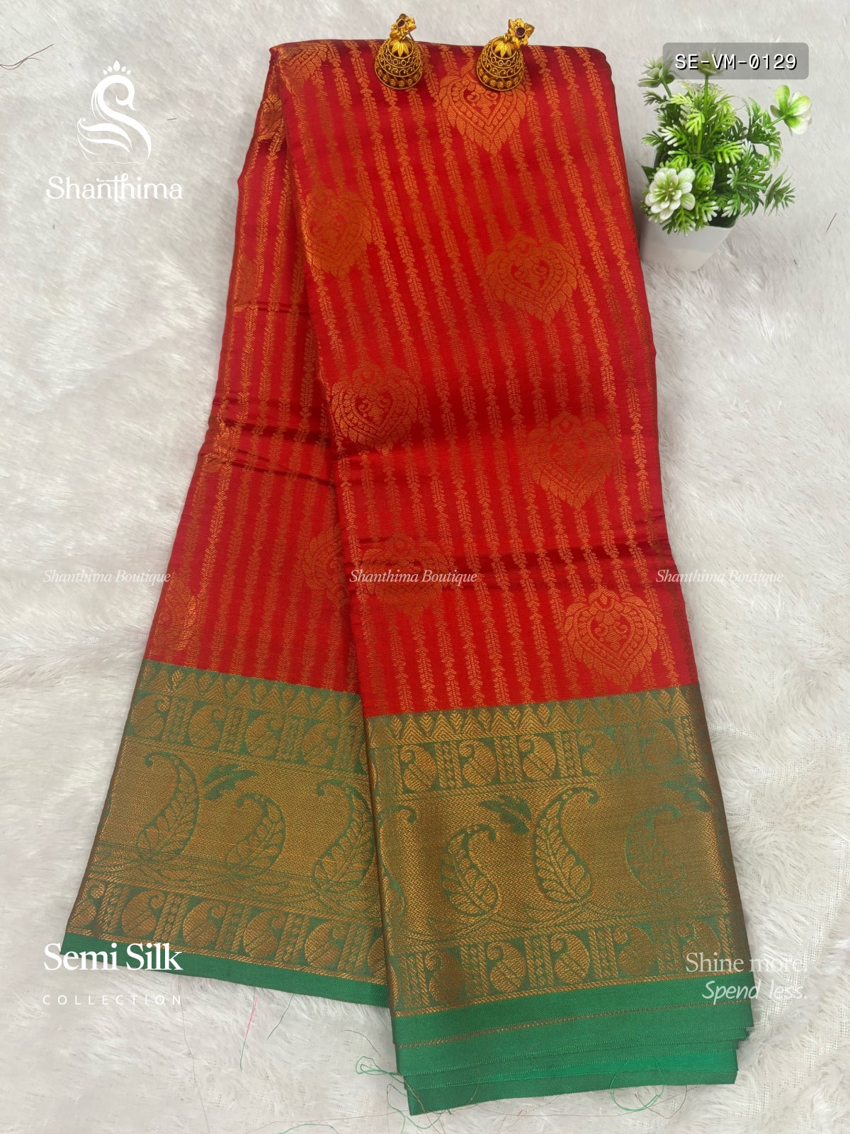 Semi Silk Vertical Stripes Mango Red Dark Green