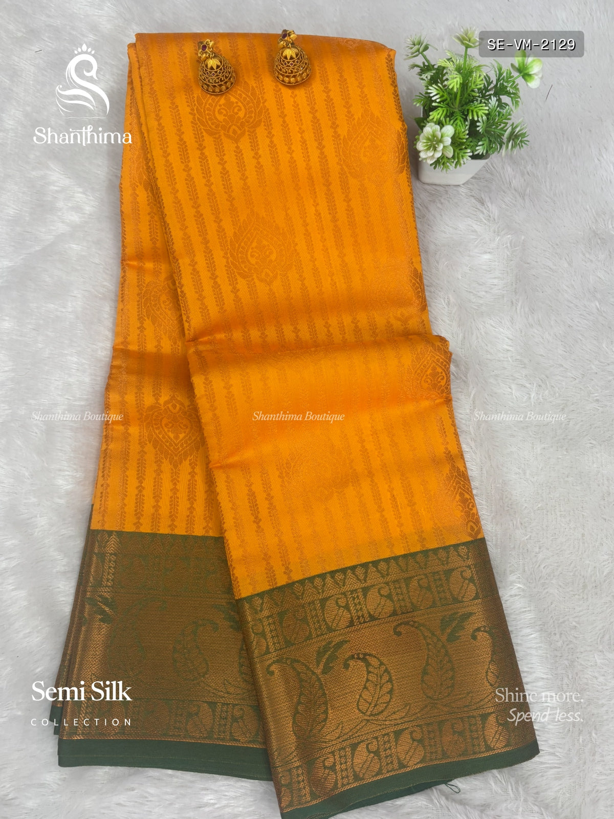 Semi Silk Vertical Stripes Mango Vibrant Orange Dark Green