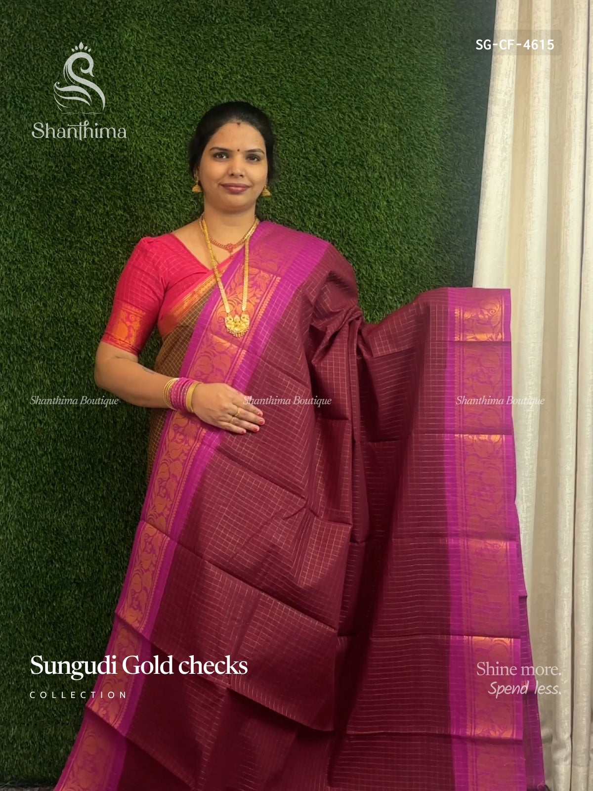 Sungudi Cotton Gold Checks Checks Flower Wine Rose