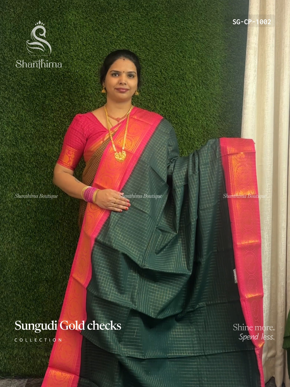 Sungudi Cotton Gold Checks Checks Peacock Green Pink