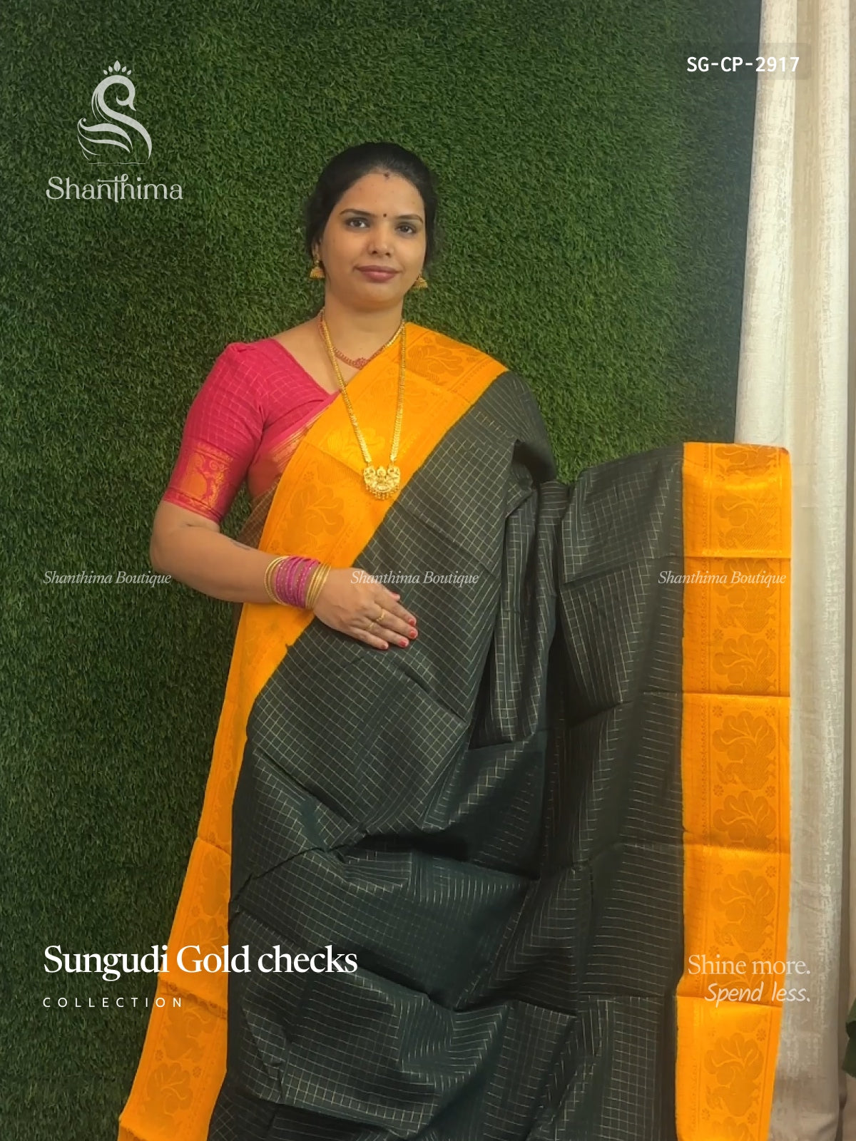 Sungudi Cotton Gold Checks Checks Peacock Dark Green Mango