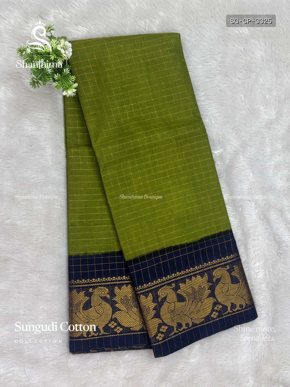 Sungudi Cotton Gold Checks Checks Peacock Elachi Green Navy Blue