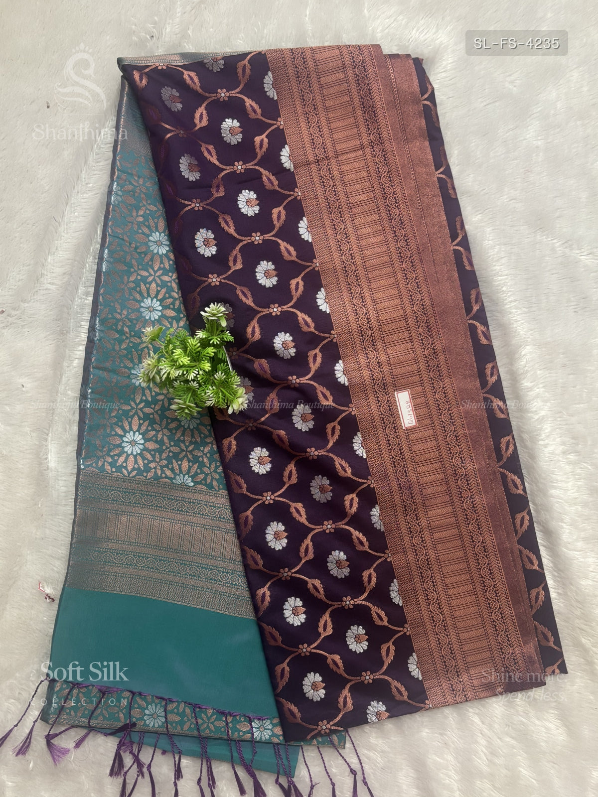 Soft Silk Flowers Stripes Dark Violet Peacock Green