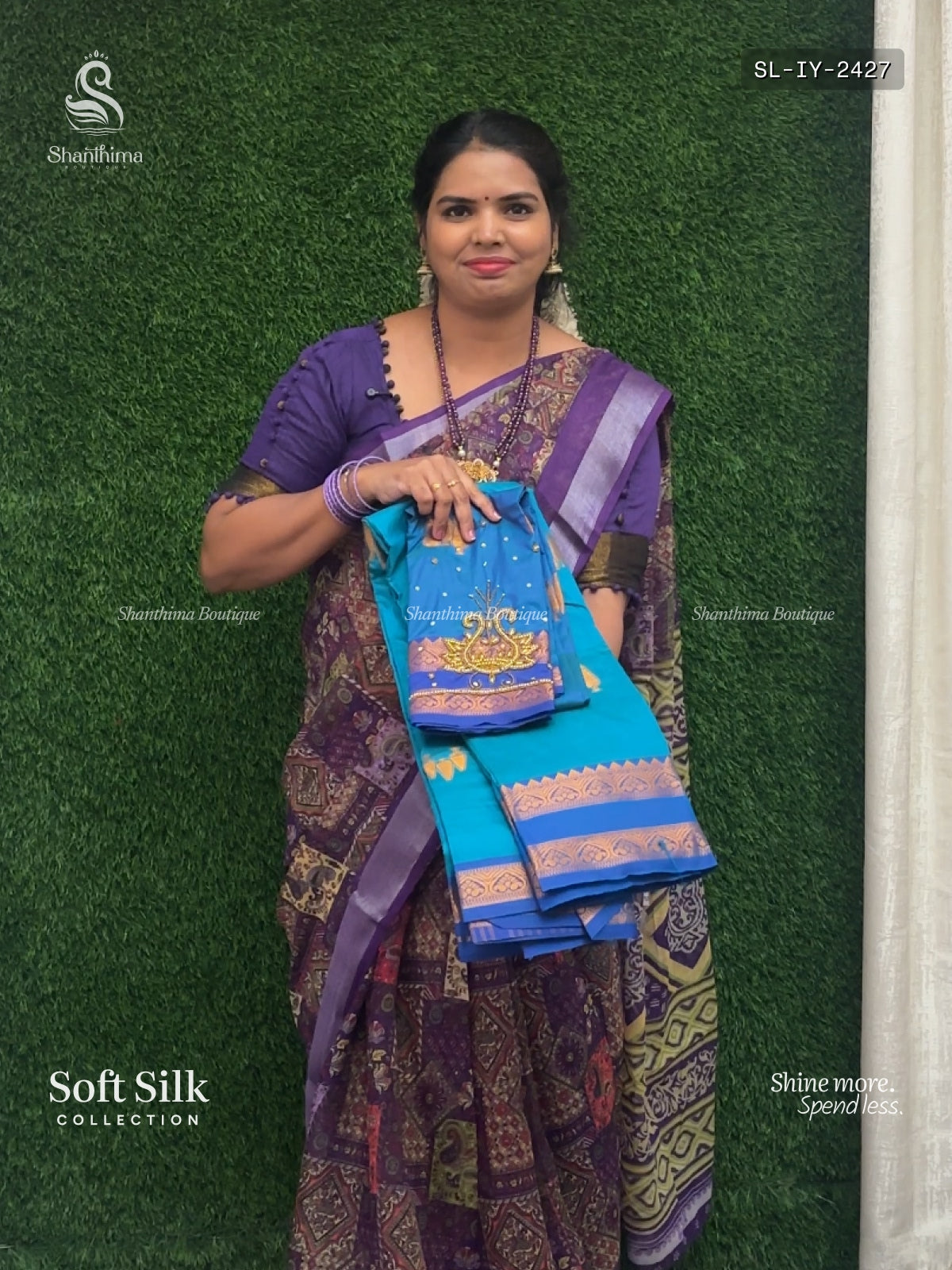 Soft Silk Leaf Mango Flower Motif Peacock Blue Ink Blue