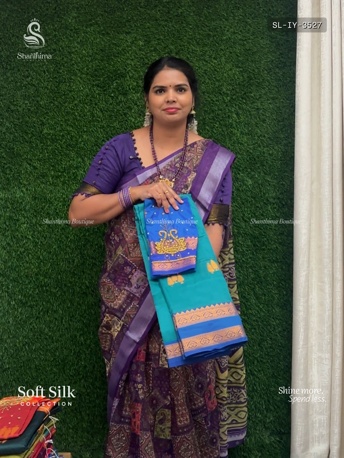 Soft Silk Leaf Mango Flower Motif Peacock Green Ink Blue