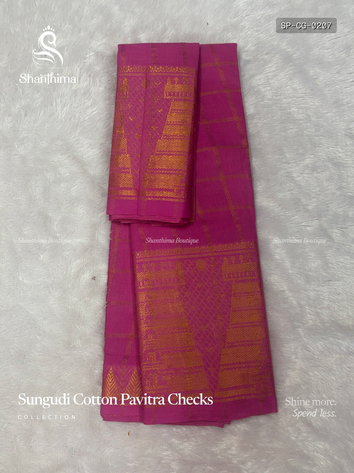 Sungudi Cotton Pavitra Checks Checks Gold Border Gopuram Pink Gold