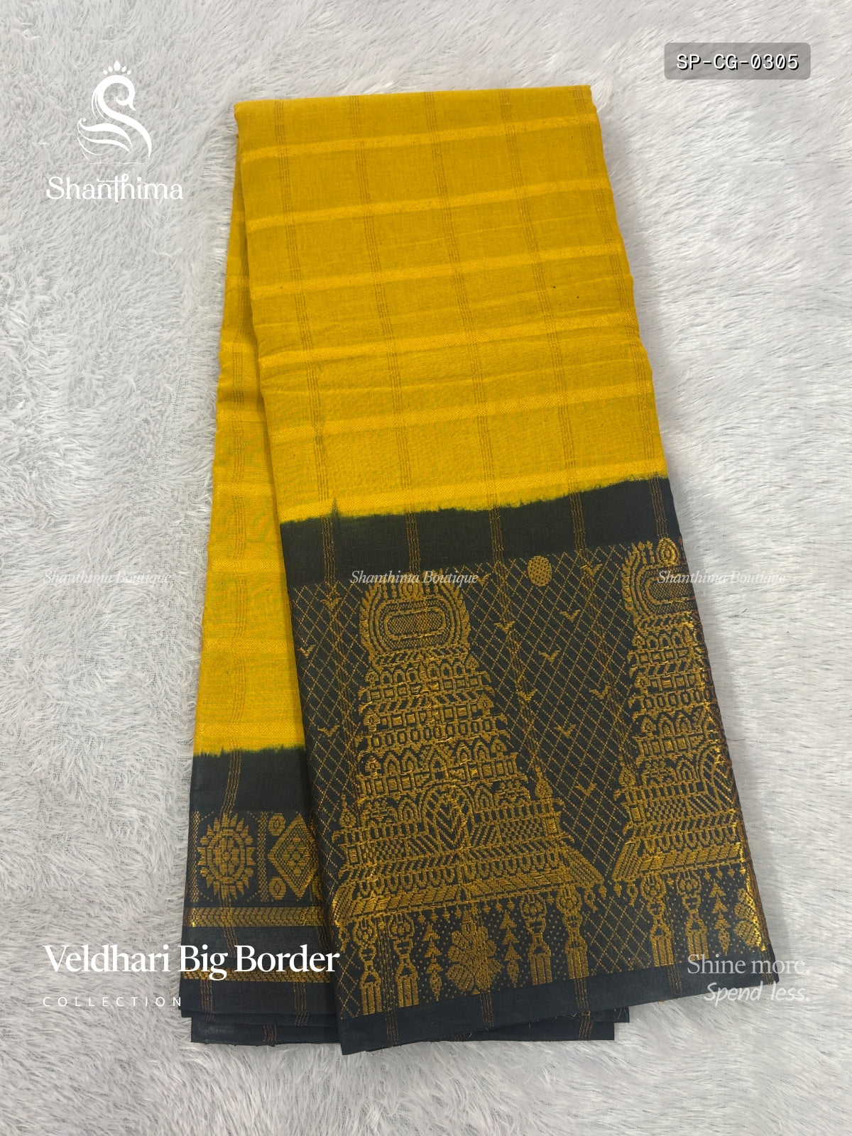 Sungudi Cotton Pavitra Checks Checks Gold Border Gopuram Yellow Black