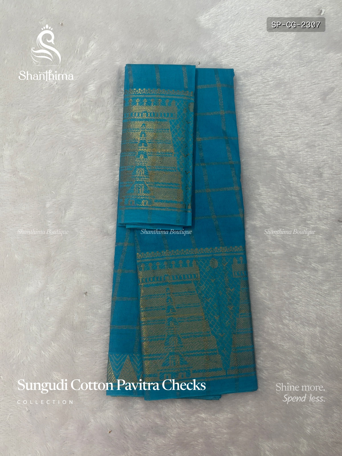 Sungudi Cotton Pavitra Checks Checks Gold Border Gopuram Sky Blue Gold