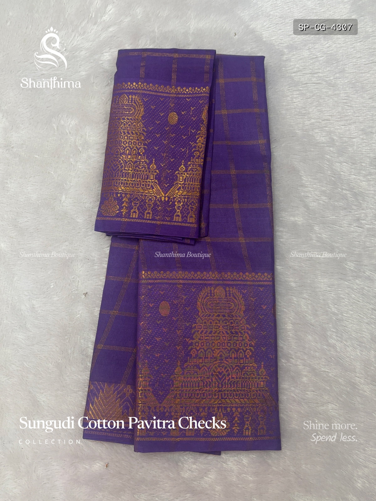 Sungudi Cotton Pavitra Checks Checks Gold Border Gopuram Light Violet Gold
