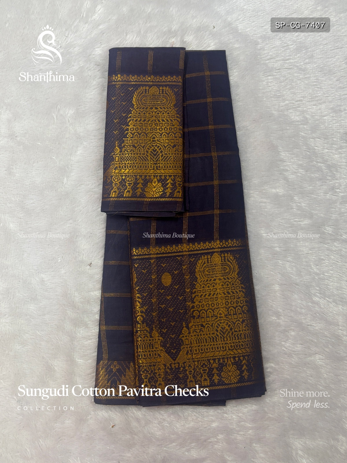 Sungudi Cotton Pavitra Checks Checks Gold Border Gopuram Gray Gold