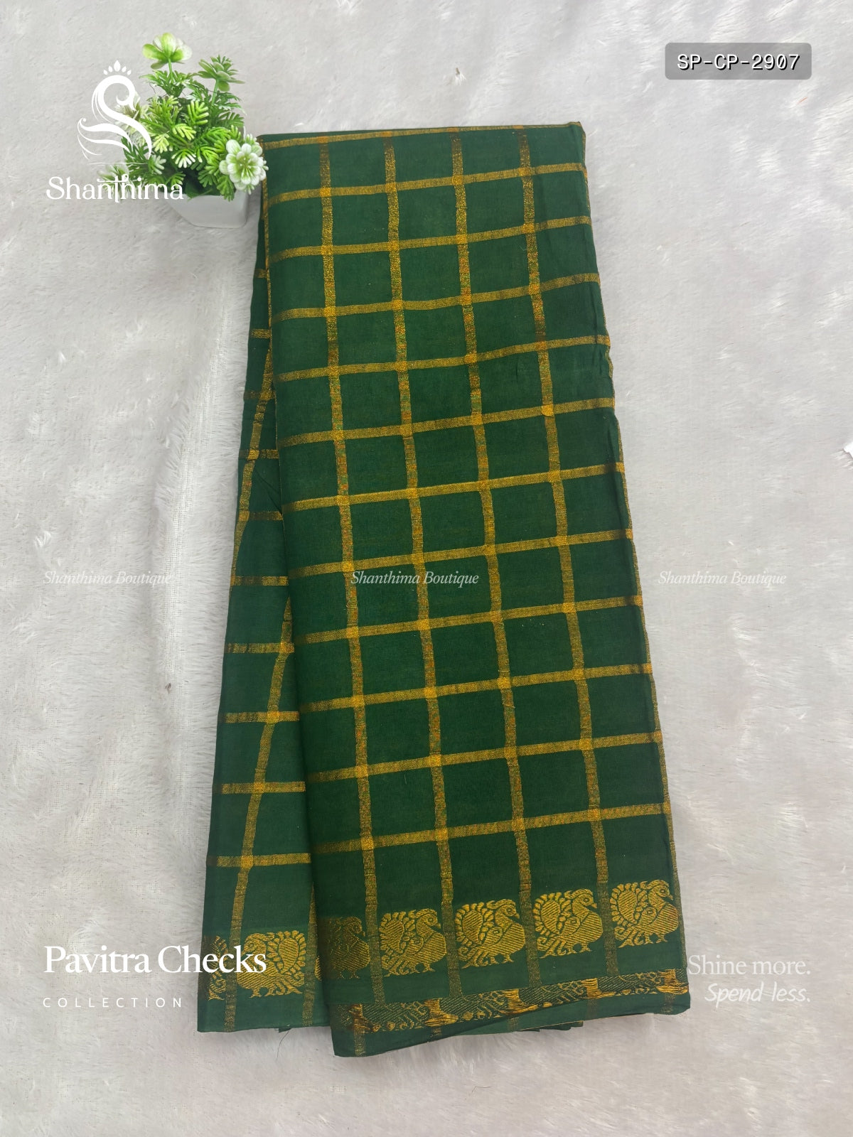 Sungudi Cotton Pavitra Checks Checks Peacock Dark Green Gold