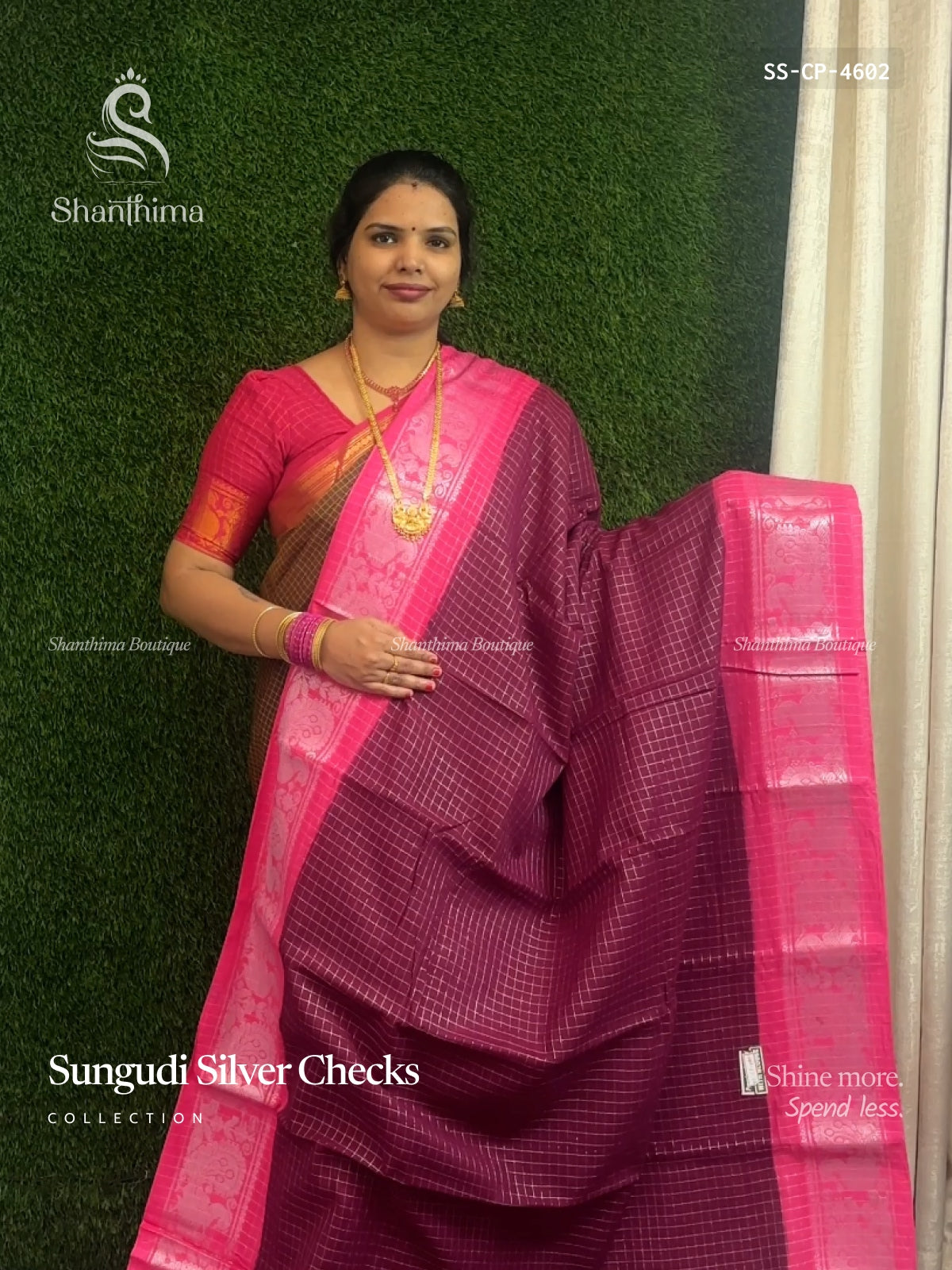 Sungudi Cotton Silver Checks Checks Peacock Wine Pink