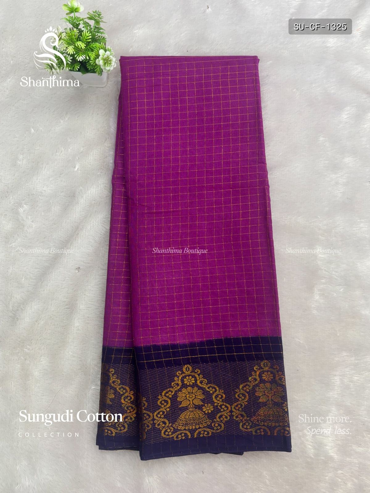 Sungudi Cotton Checks Flower Violet Navy Blue