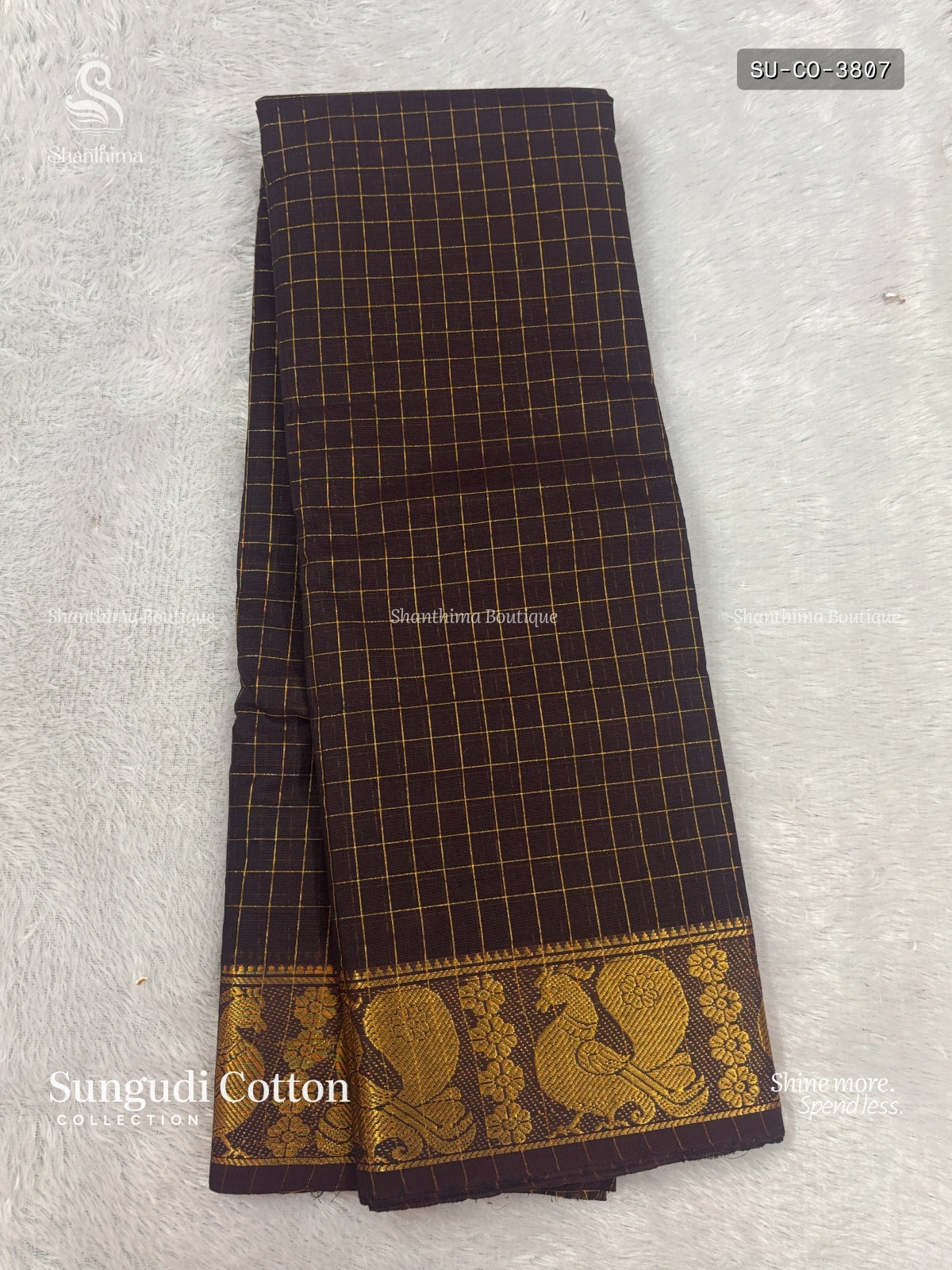 Sungudi Cotton Checks Peacock Flower Coffee Brown Gold