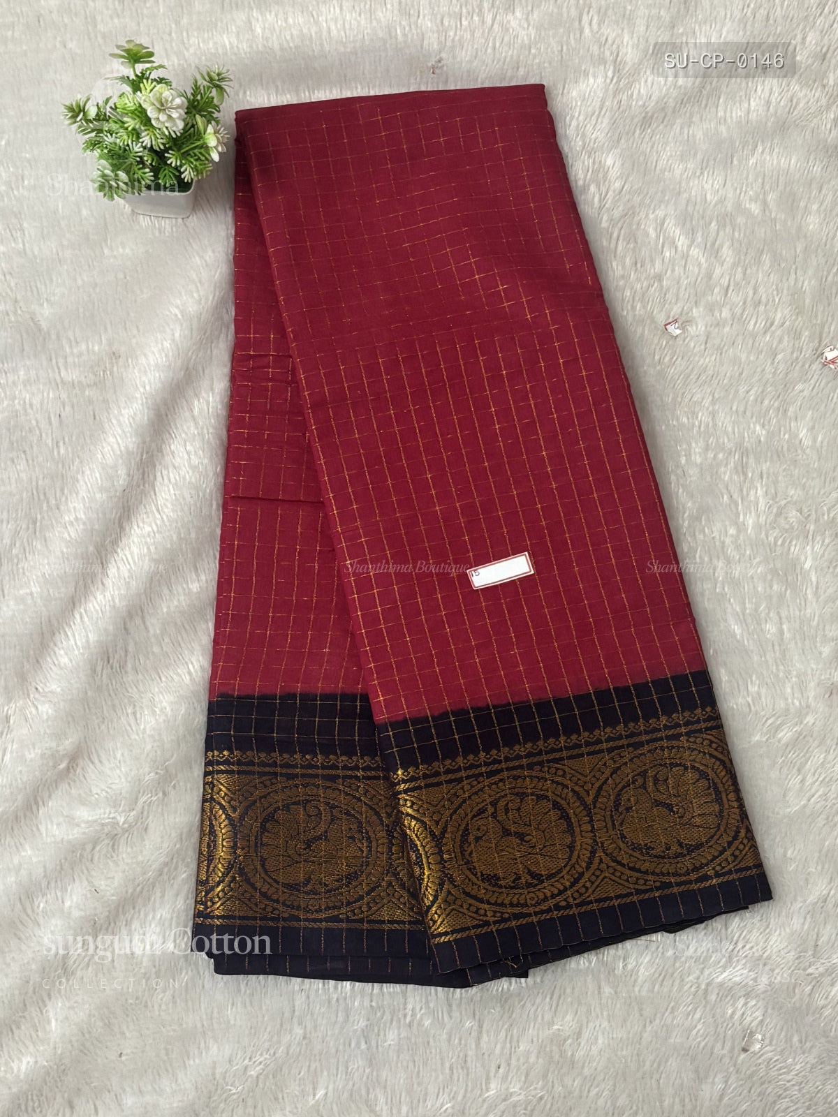 Sungudi Cotton Checks Peacock Red Wine