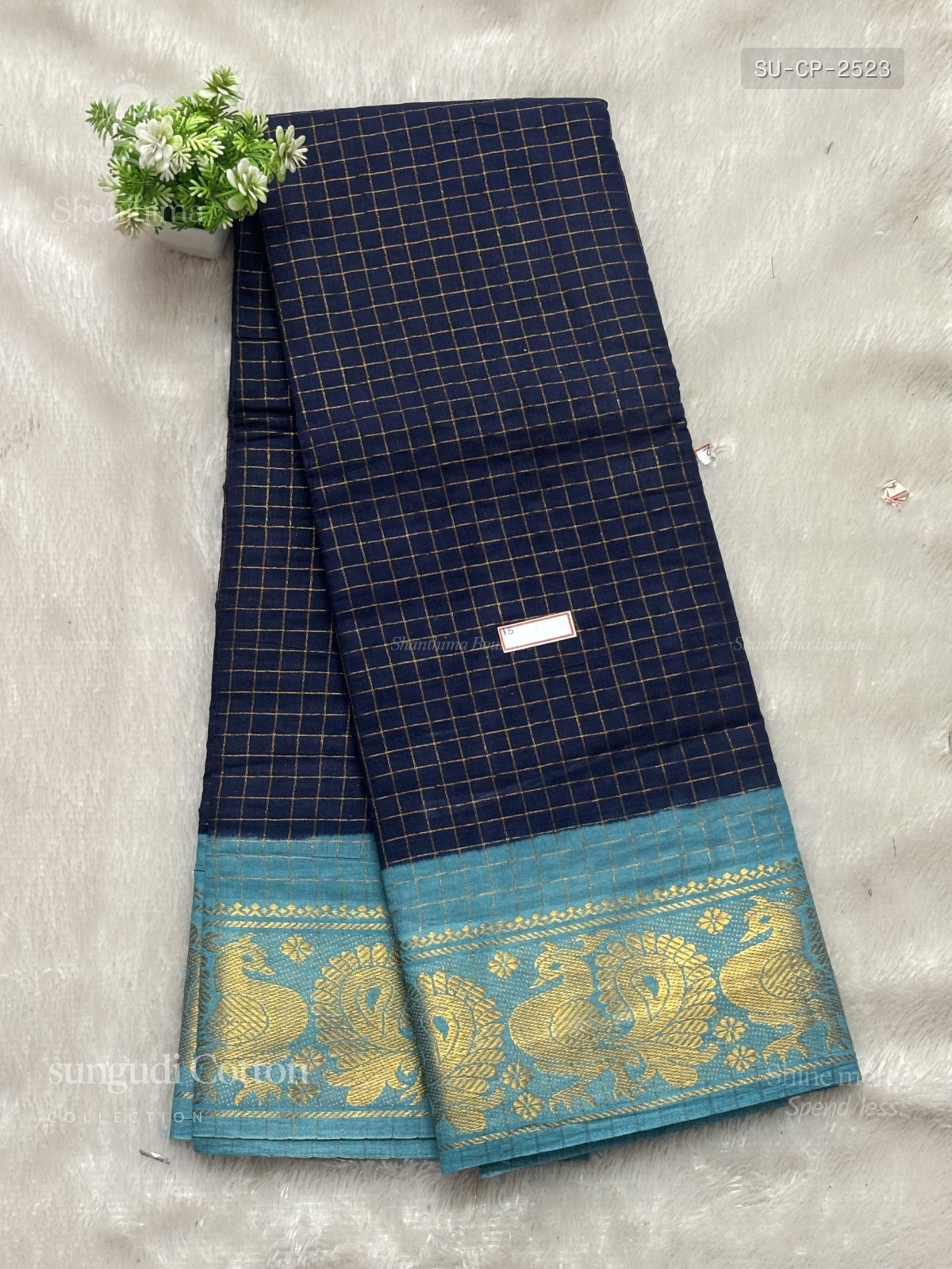 Sungudi Cotton Checks Peacock Navy Blue Sky Blue