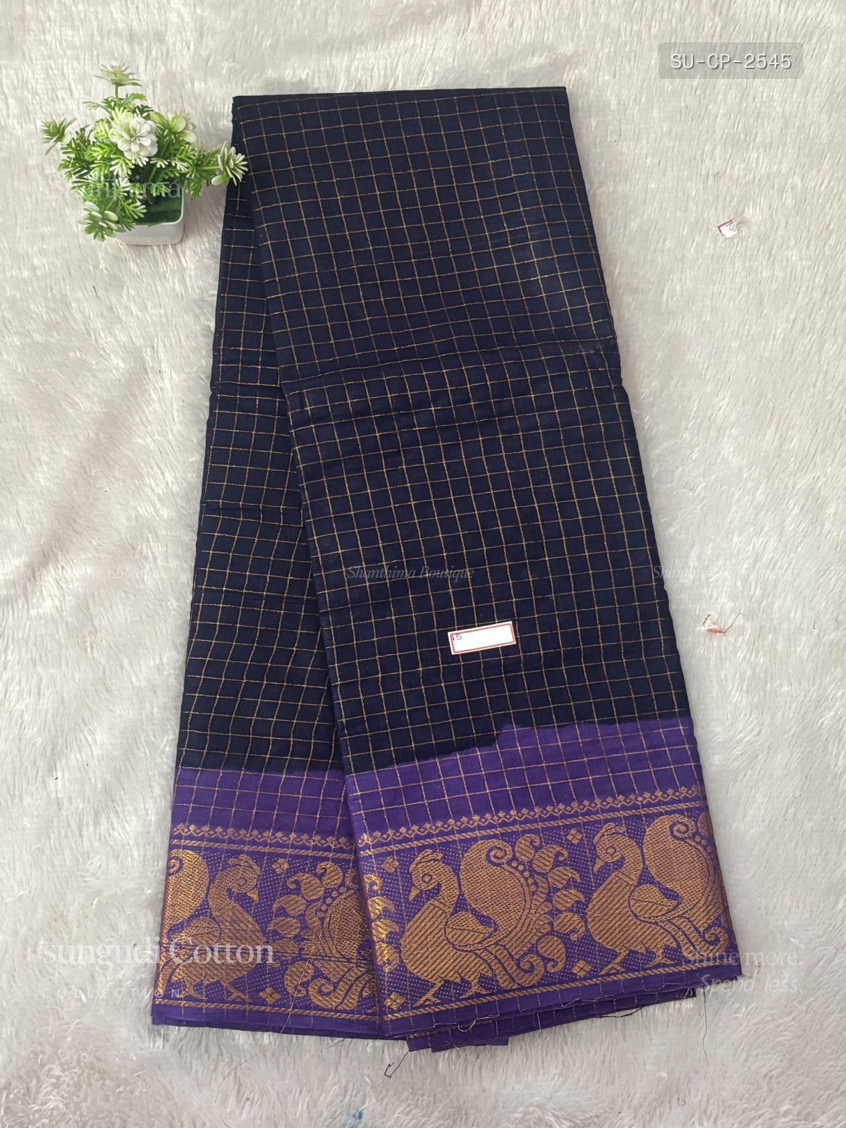 Sungudi Cotton Checks Peacock Navy Blue Lavender