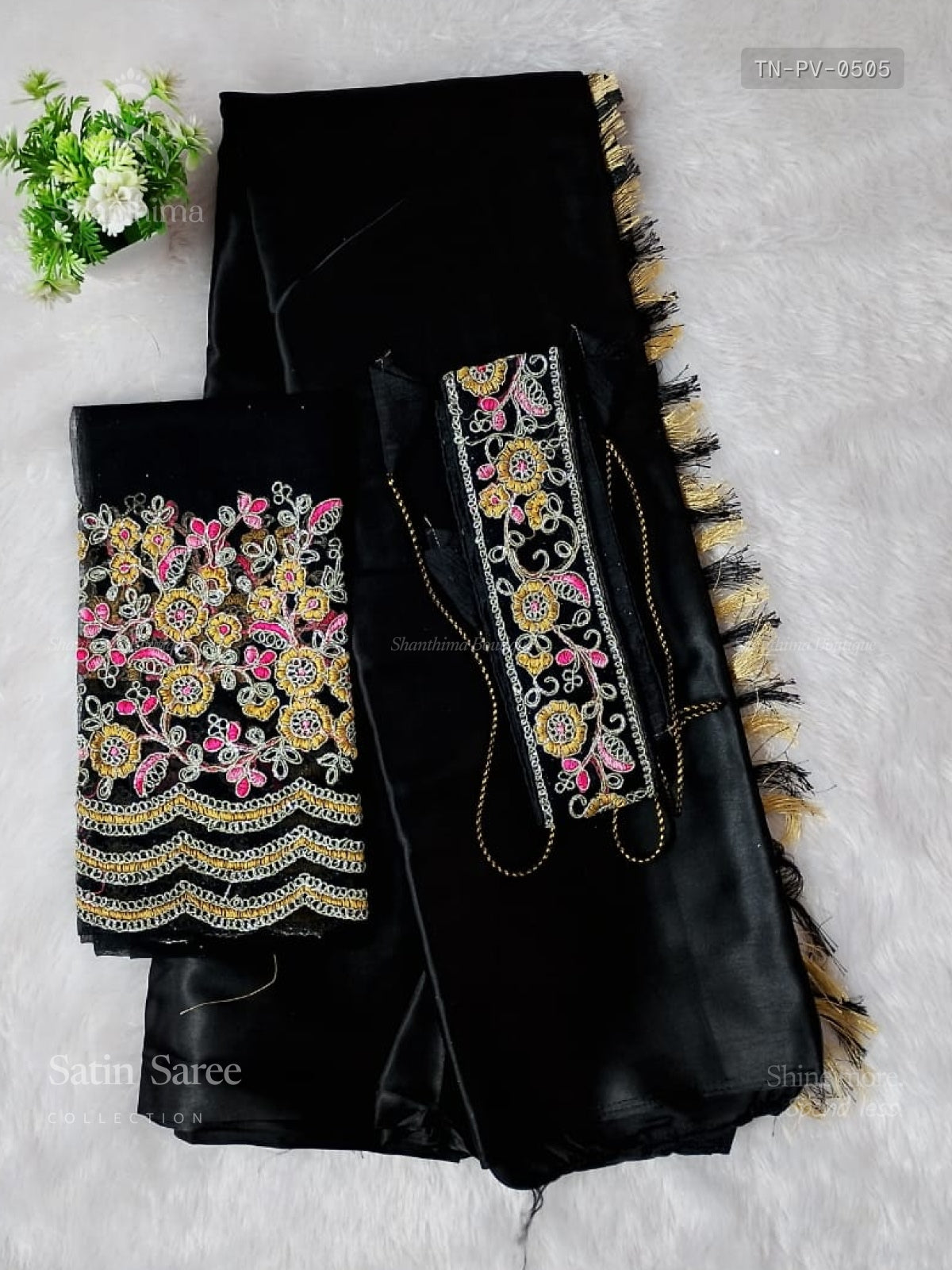 Satin Saree Plain Plain Border Black Black