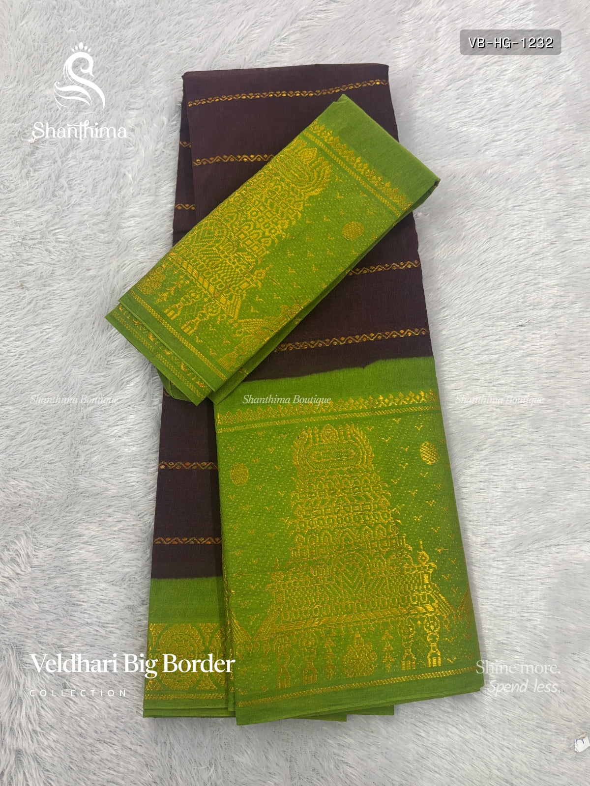 Veldhari Big Border Horizontal Stripes Gold Border Gopuram Brown Parrot Green
