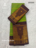 Veldhari Big Border Horizontal Stripes Gold Border Gopuram Parrot Green Brown